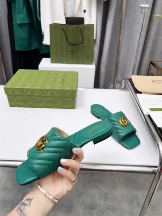 Gucci GG Marmont Quilted Green Leather Slippers 8