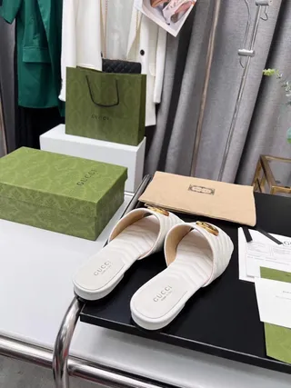 Gucci GG Marmont Quilted White Leather Slippers 6