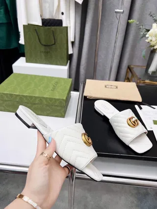 Gucci GG Marmont Quilted White Leather Slippers 7