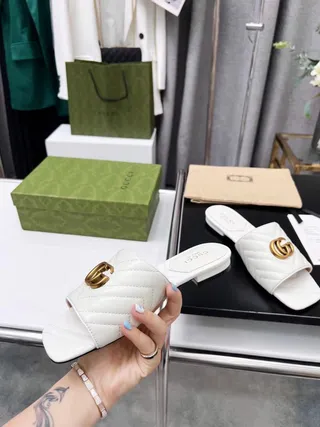 Gucci GG Marmont Quilted White Leather Slippers 8