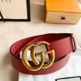 Gucci GG Marmont Red Gold Interlocking Double G Buckle Smooth Leather Belt