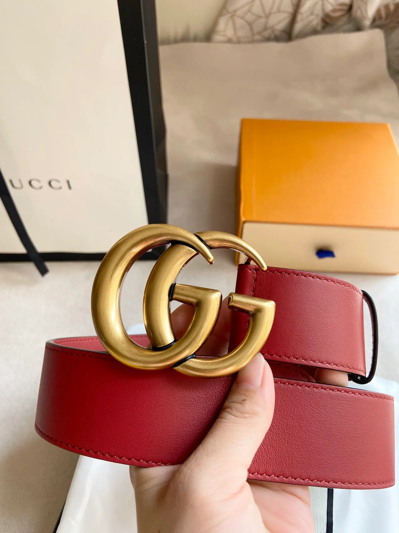 Gucci GG Marmont Red Gold Interlocking Double G Buckle Smooth Leather Belt 2