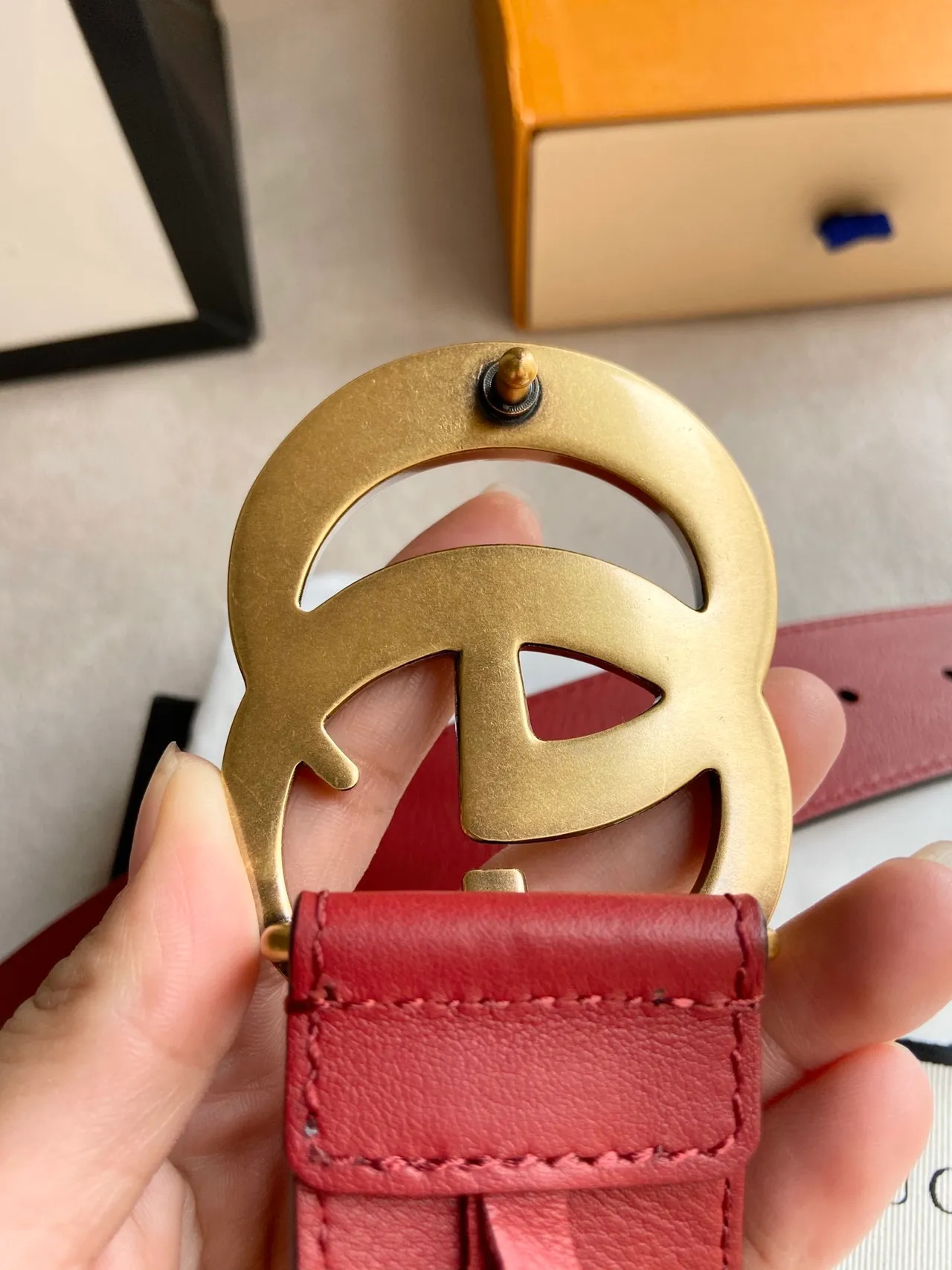 Gucci GG Marmont Red Gold Interlocking Double G Buckle Smooth Leather Belt 3