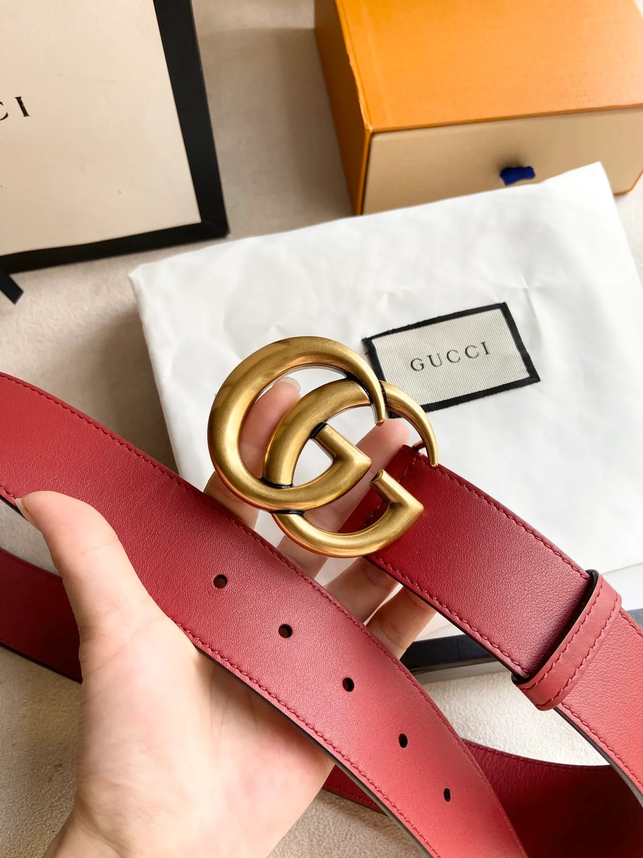 Gucci GG Marmont Red Gold Interlocking Double G Buckle Smooth Leather Belt 4