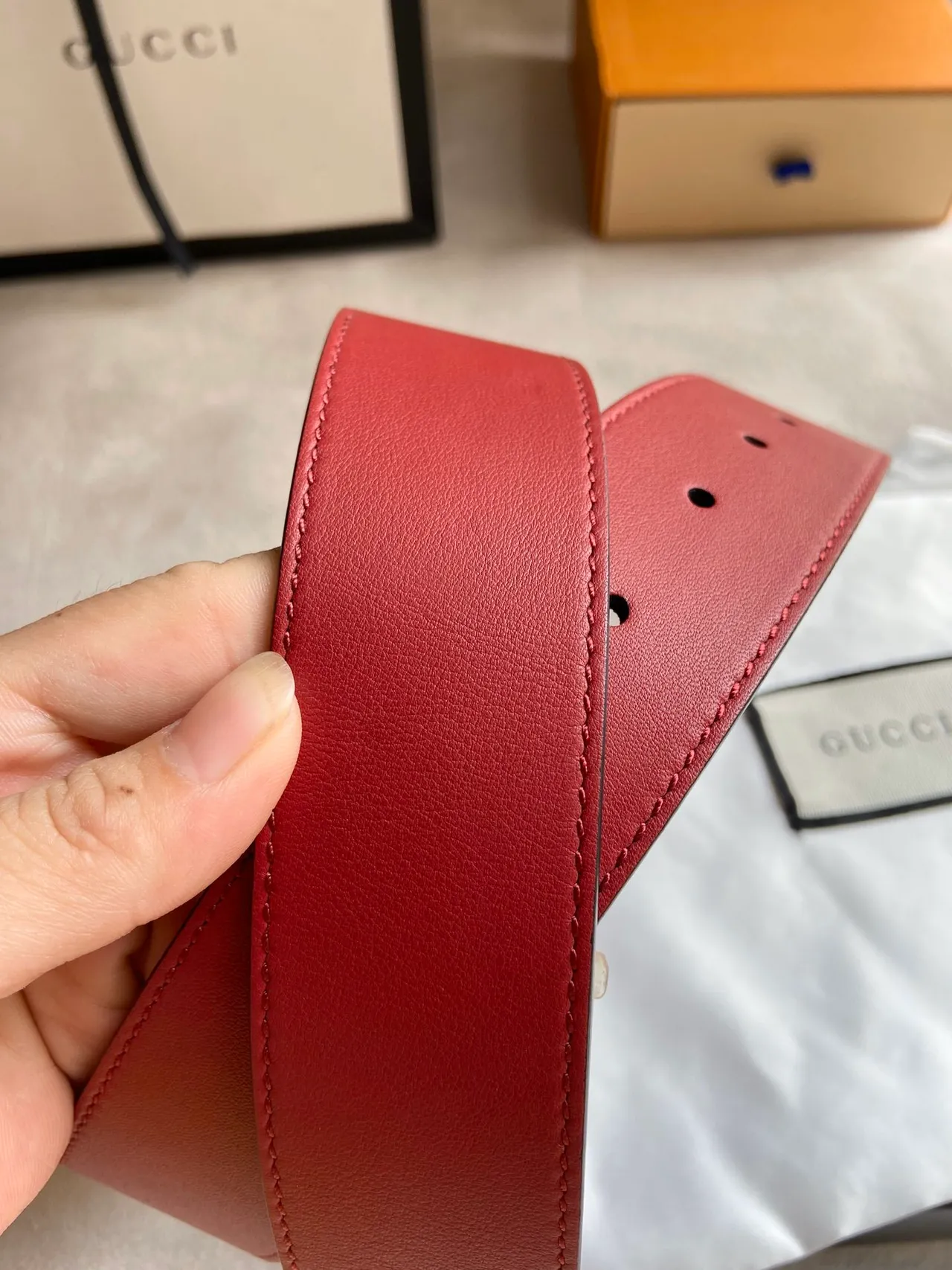 Gucci GG Marmont Red Gold Interlocking Double G Buckle Smooth Leather Belt 5