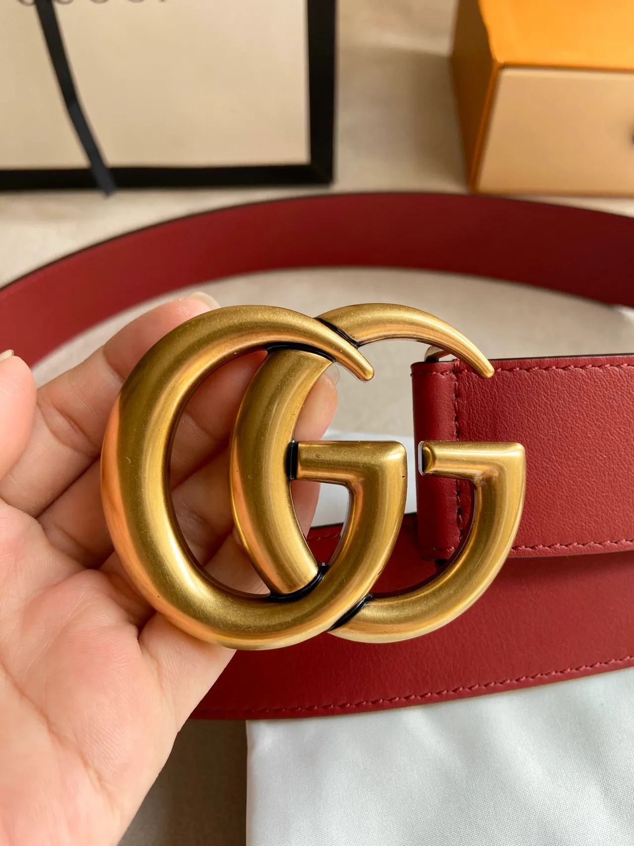 Gucci GG Marmont Red Gold Interlocking Double G Buckle Smooth Leather Belt 7