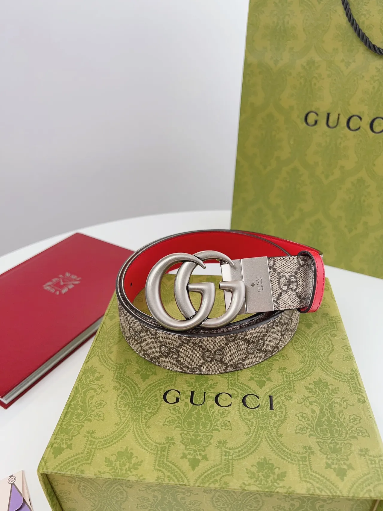 Gucci GG Marmont Reversible Red and Beige Leather Belt 2
