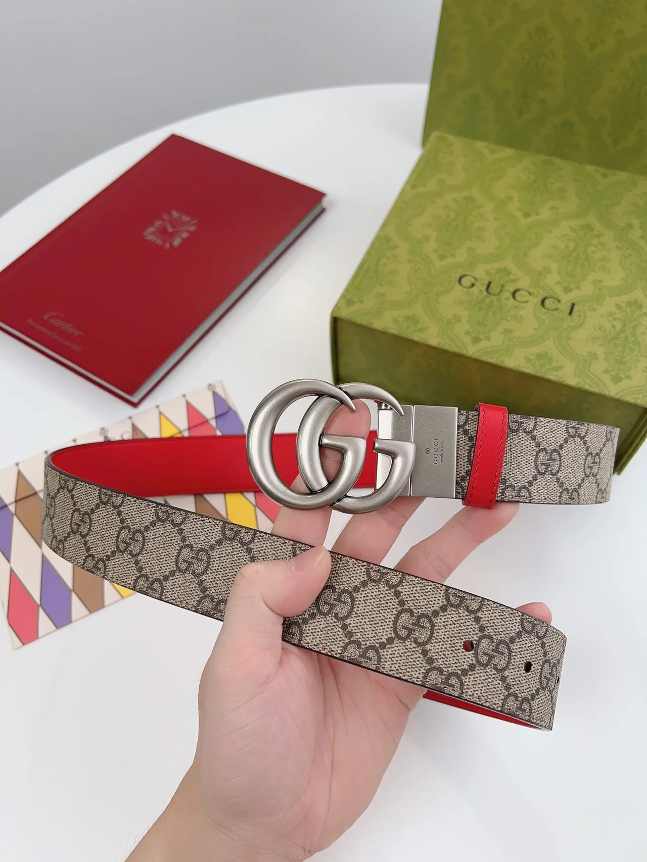 Gucci GG Marmont Reversible Red and Beige Leather Belt 3