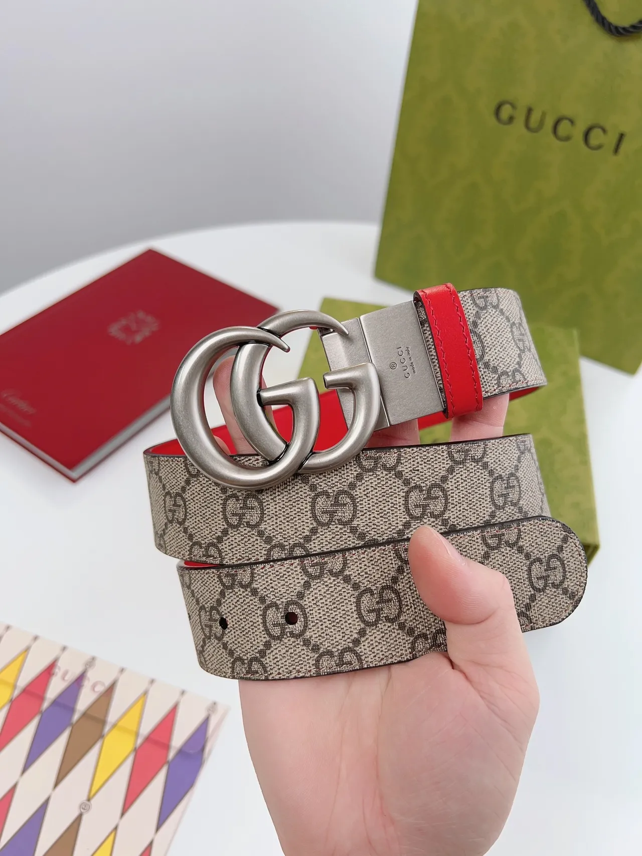 Gucci GG Marmont Reversible Red and Beige Leather Belt 5