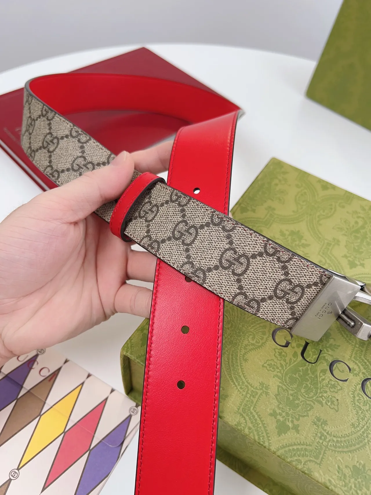 Gucci GG Marmont Reversible Red and Beige Leather Belt 6
