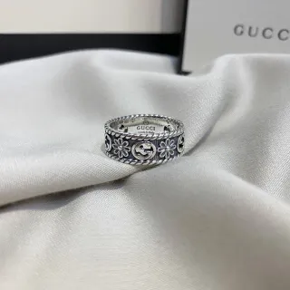 Gucci GG Marmont Silver Black Wide Band Rope-Edge Detailing Ring