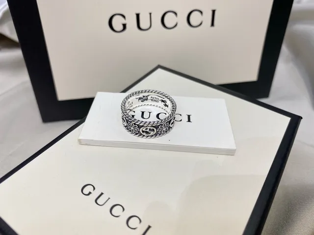 Gucci GG Marmont Silver Black Wide Band Rope-Edge Detailing Ring 4