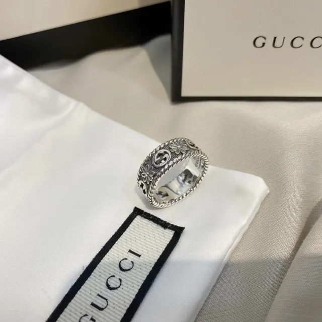 Gucci GG Marmont Silver Black Wide Band Rope-Edge Detailing Ring 5