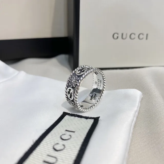 Gucci GG Marmont Silver Black Wide Band Rope-Edge Detailing Ring 6