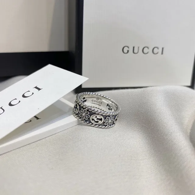 Gucci GG Marmont Silver Black Wide Band Rope-Edge Detailing Ring 7