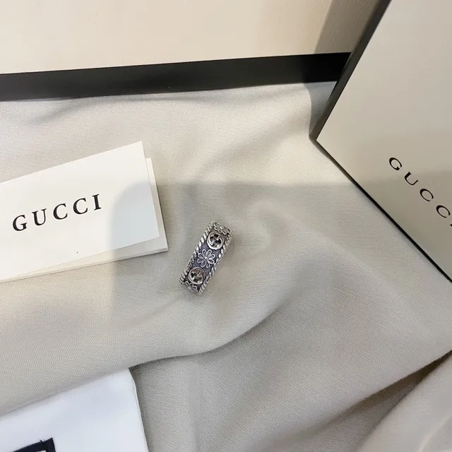 Gucci GG Marmont Silver Black Wide Band Rope-Edge Detailing Ring 8