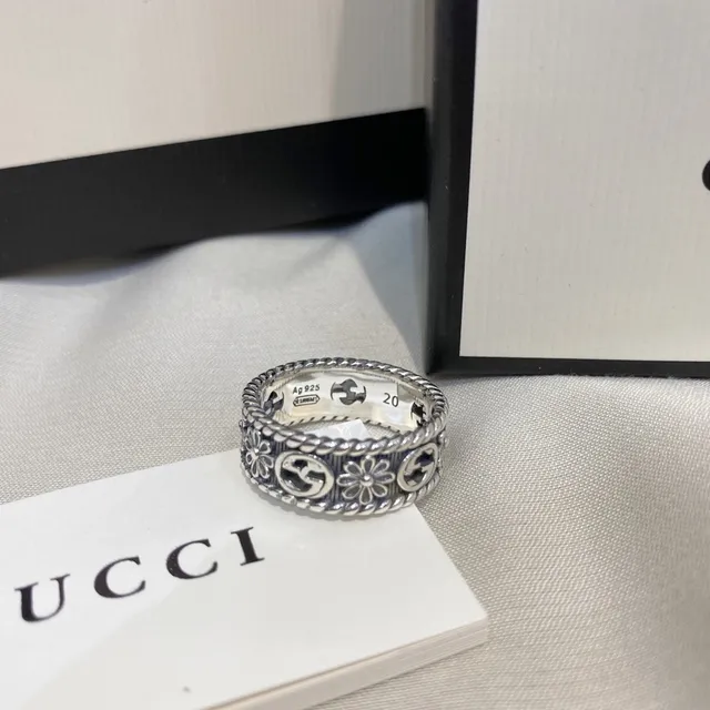 Gucci GG Marmont Silver Black Wide Band Rope-Edge Detailing Ring 9