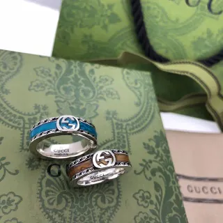 Gucci GG Marmont Silver Blue Wide-Band Enamel-Inlay Ring