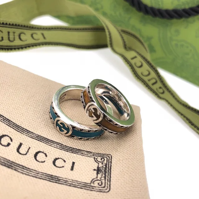 Gucci GG Marmont Silver Blue Wide-Band Enamel-Inlay Ring 2