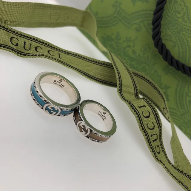 Gucci GG Marmont Silver Blue Wide-Band Enamel-Inlay Ring 3