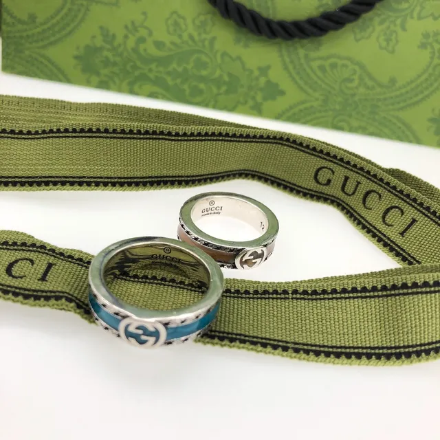 Gucci GG Marmont Silver Blue Wide-Band Enamel-Inlay Ring 4