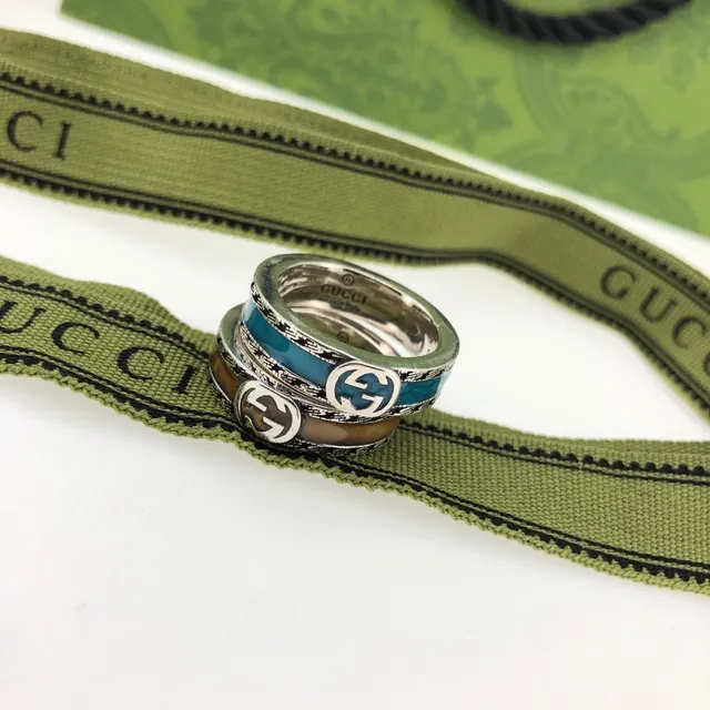Gucci GG Marmont Silver Blue Wide-Band Enamel-Inlay Ring 5