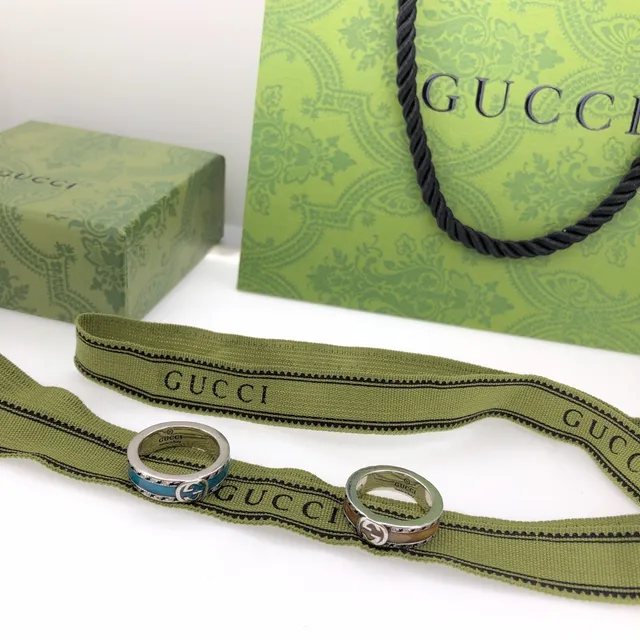 Gucci GG Marmont Silver Blue Wide-Band Enamel-Inlay Ring 6