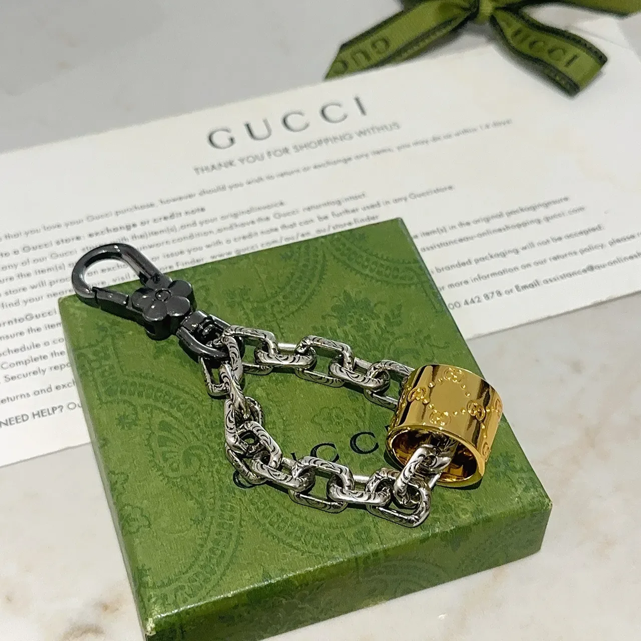 Gucci GG Marmont Silver Gold Ornate Chain Black Floral Clasp Bracelet 2