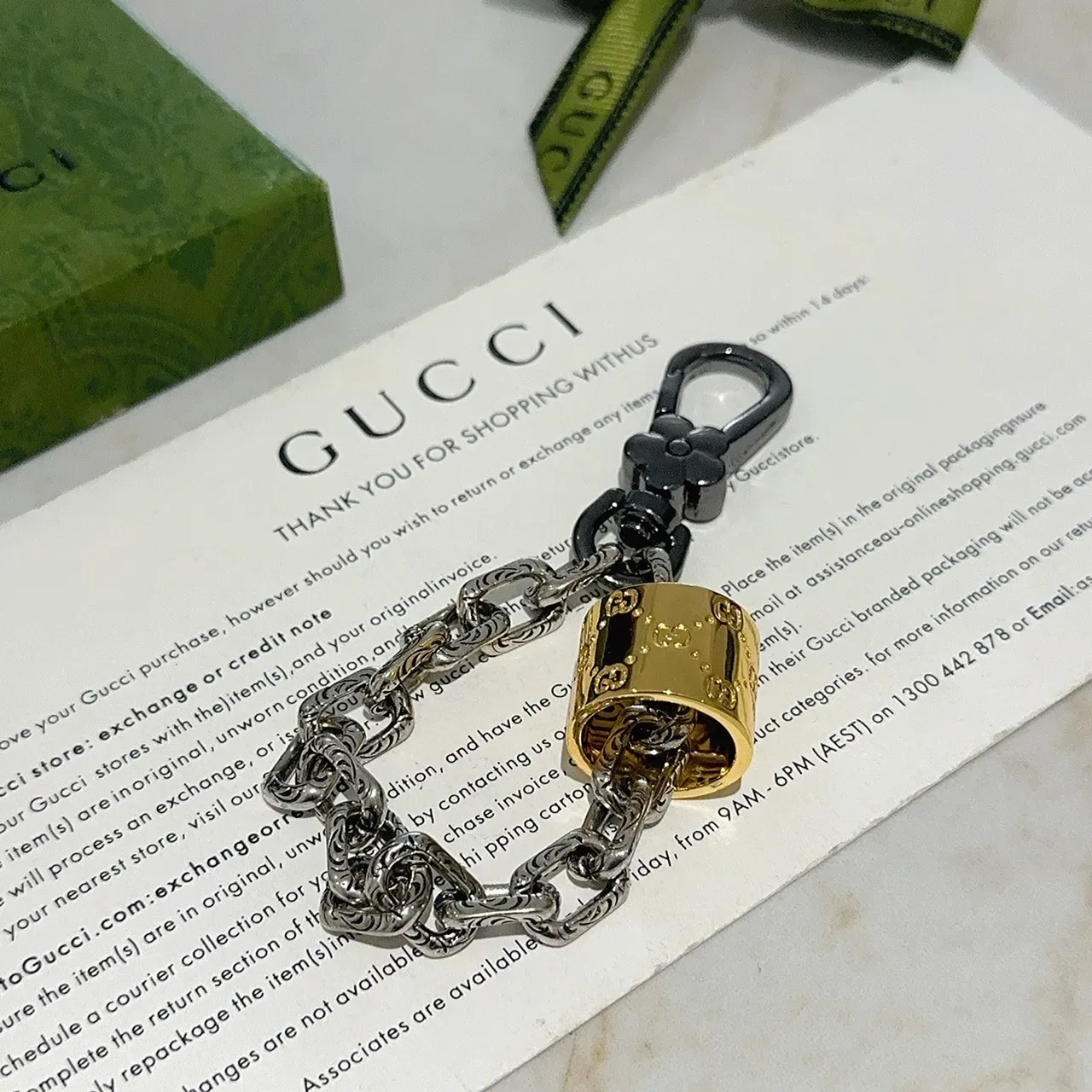 Gucci GG Marmont Silver Gold Ornate Chain Black Floral Clasp Bracelet 8