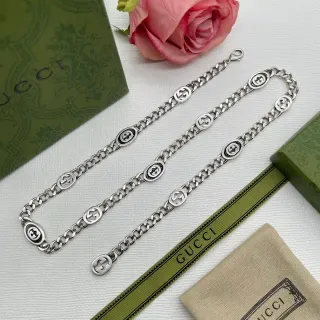 Gucci GG Marmont Silver Green Curb-Link Chain Interlocking Oval Medallions Necklace