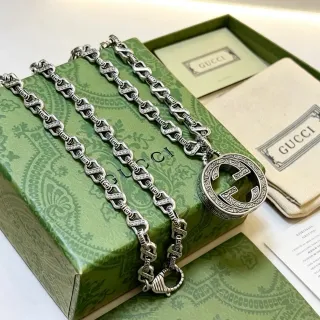 Gucci GG Marmont Silver Interlocking Double-G Pendant Engraved Link Chain Necklace
