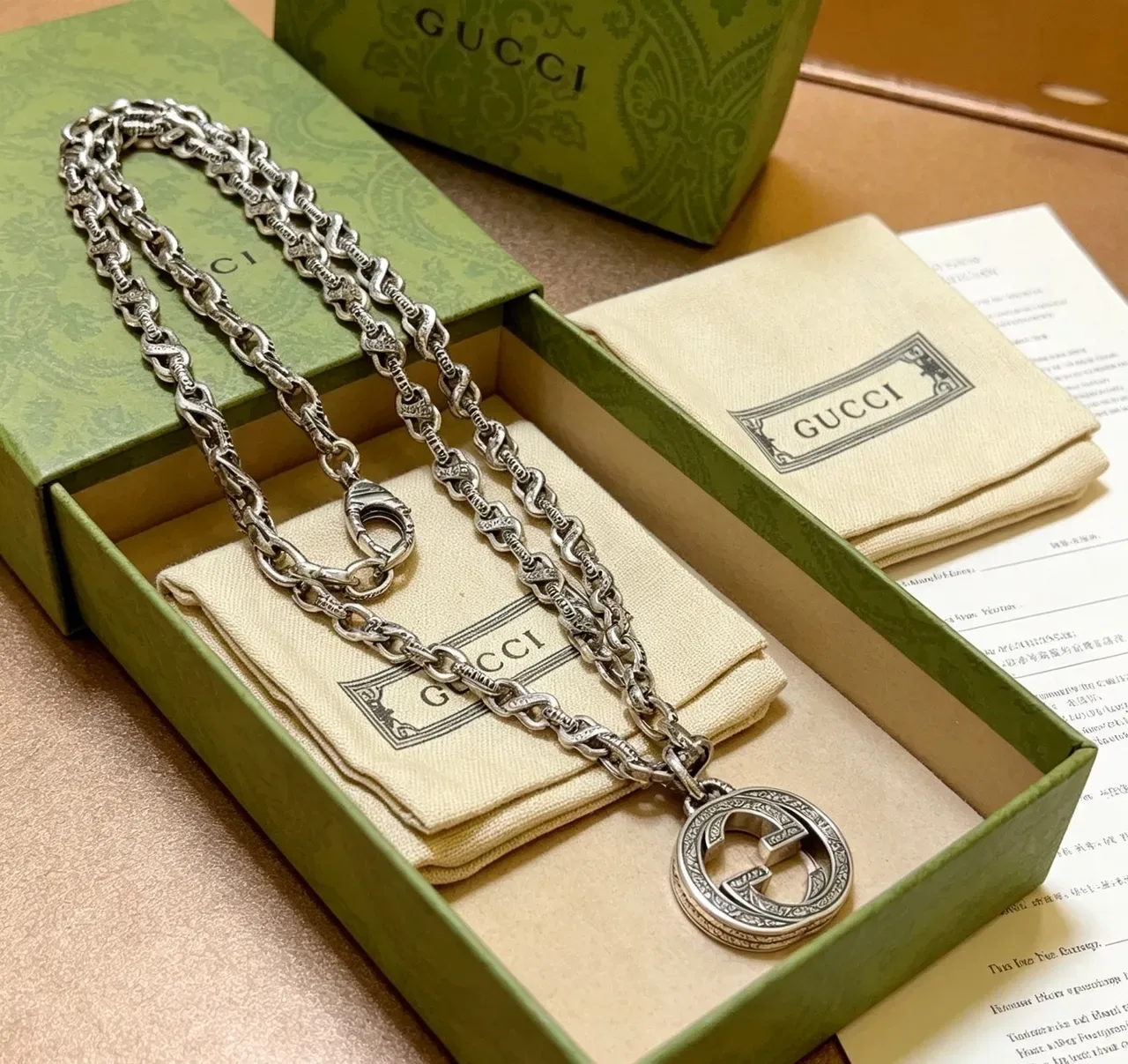 Gucci GG Marmont Silver Interlocking Double-G Pendant Engraved Link Chain Necklace 2