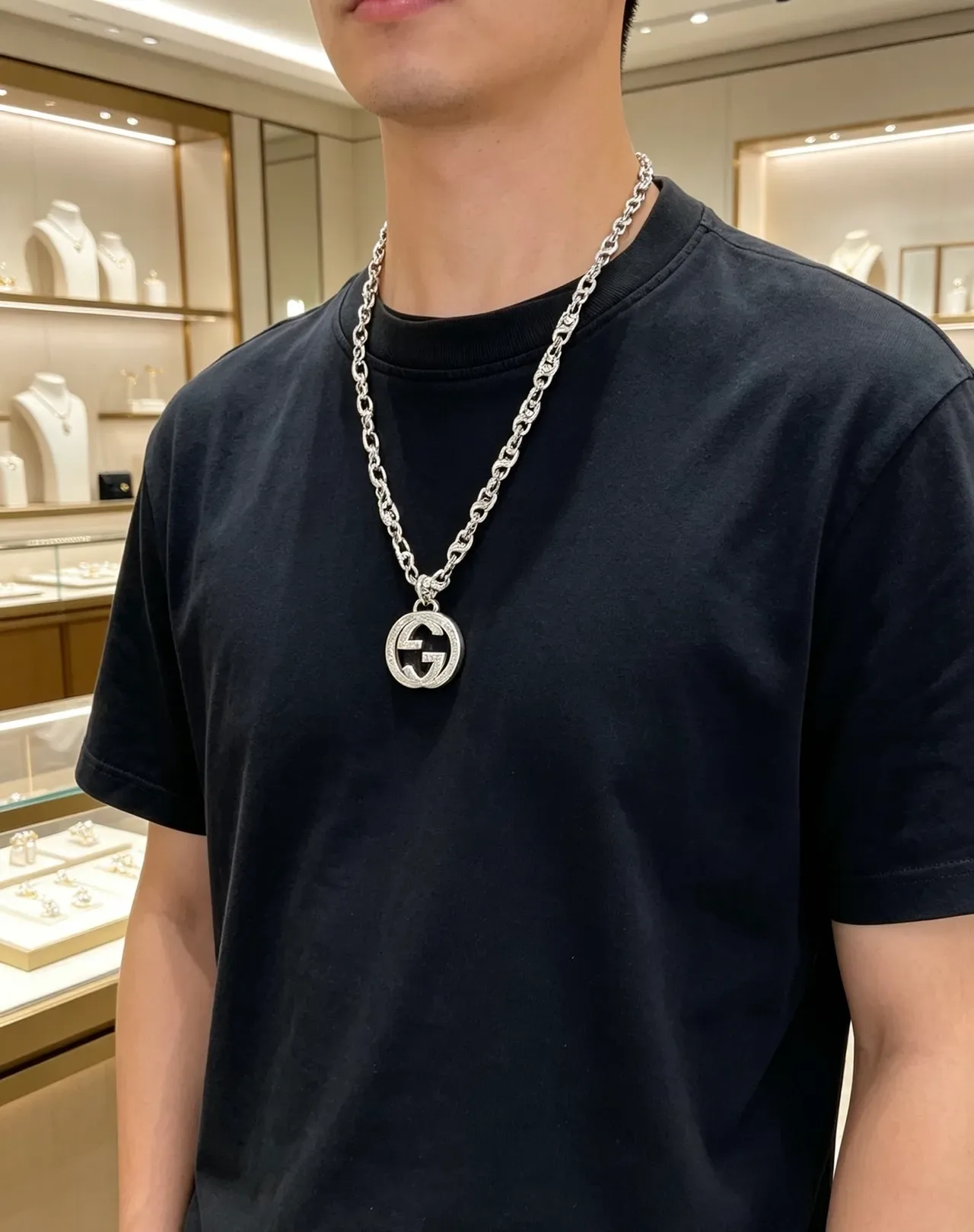 Gucci GG Marmont Silver Interlocking Double-G Pendant Engraved Link Chain Necklace 3