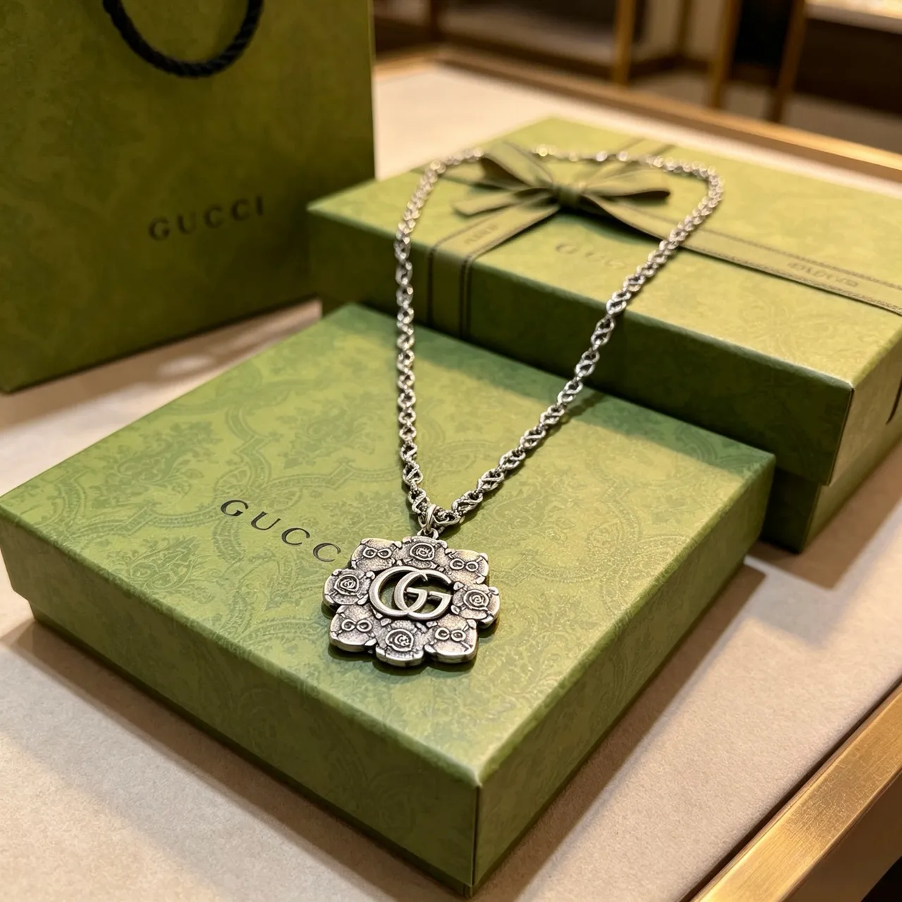 Gucci GG Owl Silver Oxidized Ornate Floral-Arranged Motifs Necklace 4