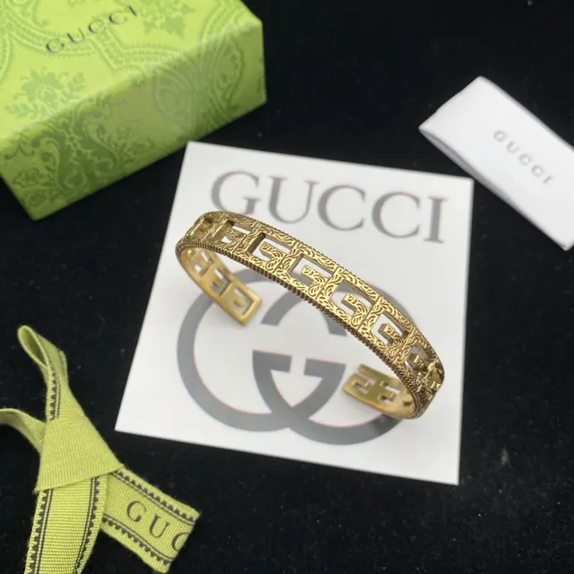 Gucci Gold Rigid Cuff Openwork Geometric Lattice Bracelet 2