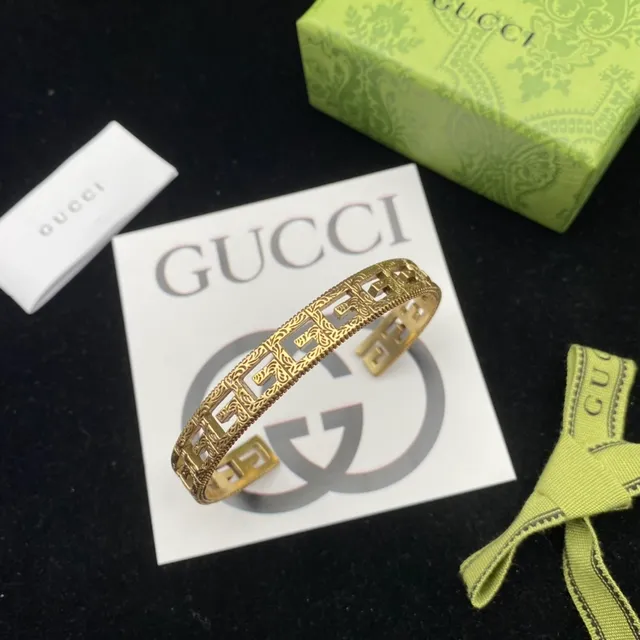 Gucci Gold Rigid Cuff Openwork Geometric Lattice Bracelet 6