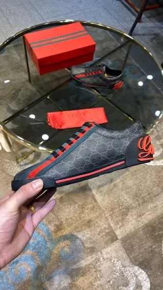 Gucci Gray Red GG Monogram Canvas Web Stripe Lifestyle Sneakers 2