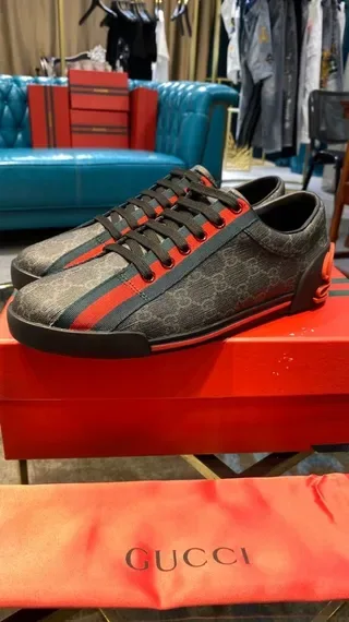 Gucci Gray Red GG Monogram Canvas Web Stripe Lifestyle Sneakers 4
