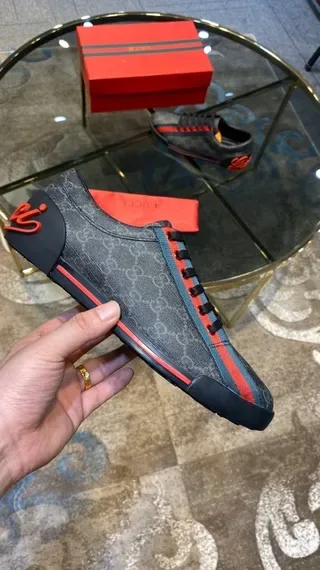 Gucci Gray Red GG Monogram Canvas Web Stripe Lifestyle Sneakers 5