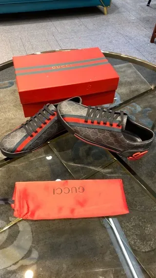 Gucci Gray Red GG Monogram Canvas Web Stripe Lifestyle Sneakers 6