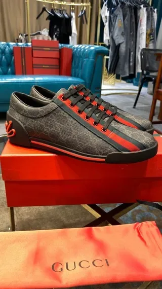 Gucci Gray Red GG Monogram Canvas Web Stripe Lifestyle Sneakers 9