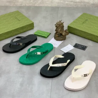 Gucci Green Black Chevron-Textured Sole Metallic Hardware Accent Slippers