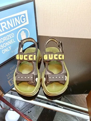 Gucci Vert Marron Chunky Semelle Plateforme Bretelles Doubles Construction Sandales Casual 4