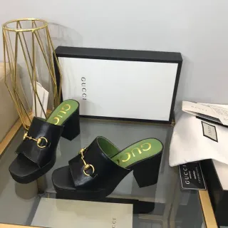 Gucci Horsebit 1955 Black Green Buckle Platform Block Heel Casual Sandals