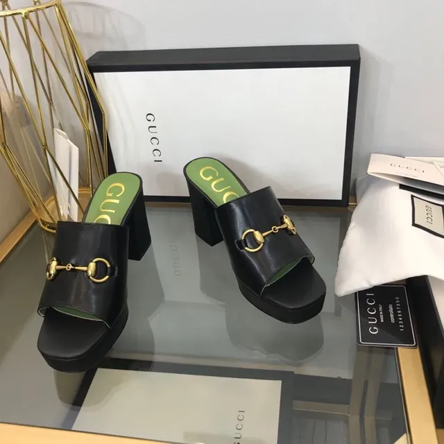 Gucci Horsebit 1955 Sandales casual plateforme talon bloc boucle noire et verte 4