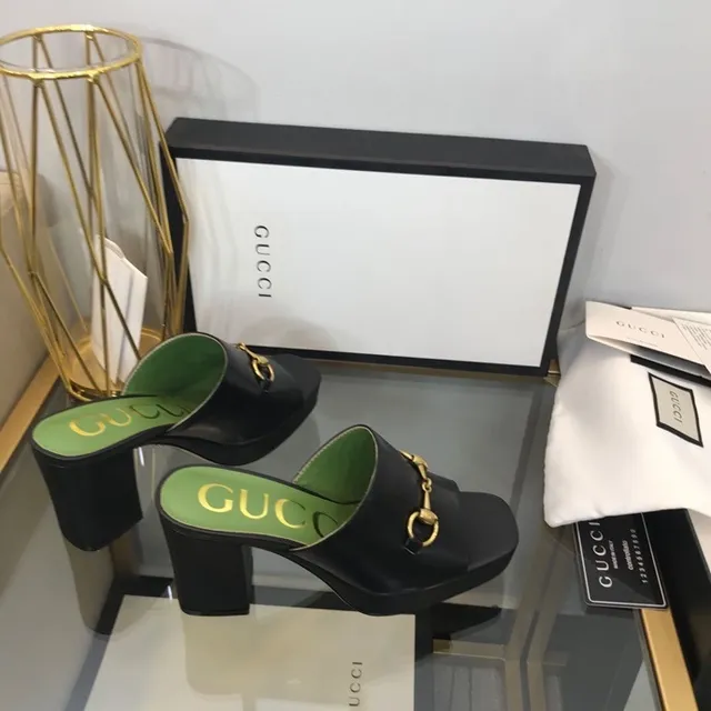 Gucci Horsebit 1955 Sandales casual plateforme talon bloc boucle noire et verte 6
