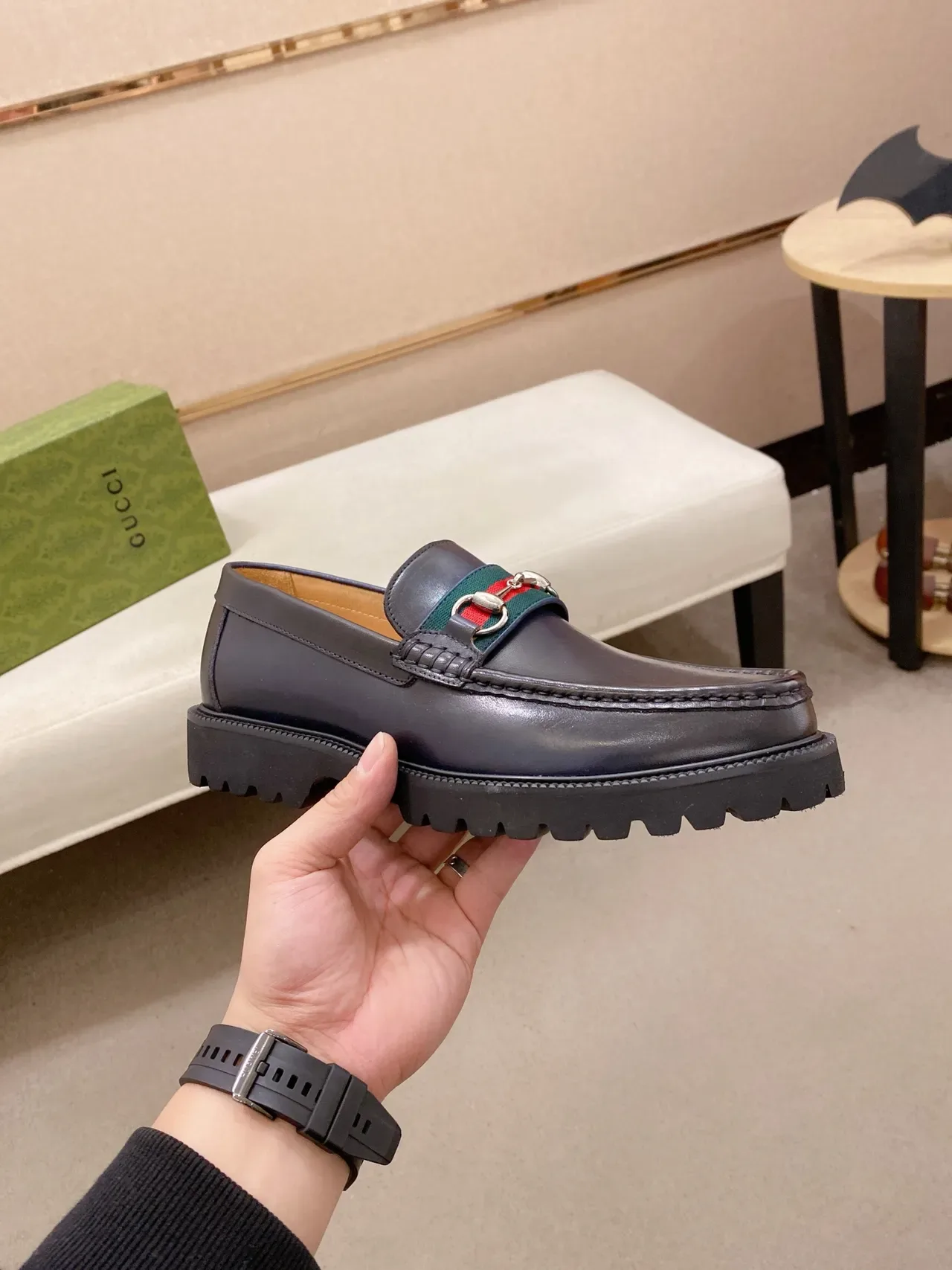 Gucci Horsebit 1955 Black Green Leather Upper Web Stripe Strap Loafer 4