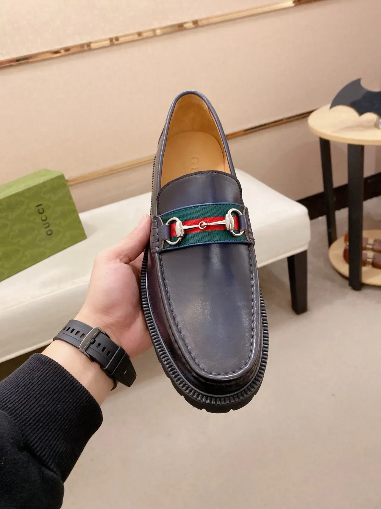 Gucci Horsebit 1955 Black Green Leather Upper Web Stripe Strap Loafer 5