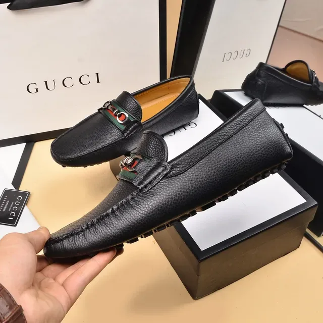 Gucci Horsebit 1955 Black Pebbled Leather Web Stripe Loafers 8