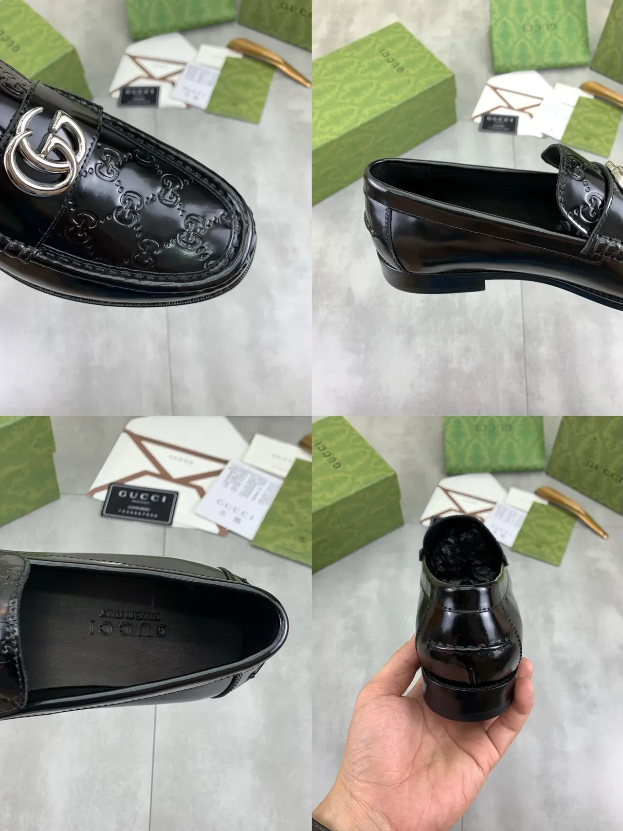 Gucci Horsebit 1955 Black Silver Polished Leather Embossed GG Monogram Loafer 2
